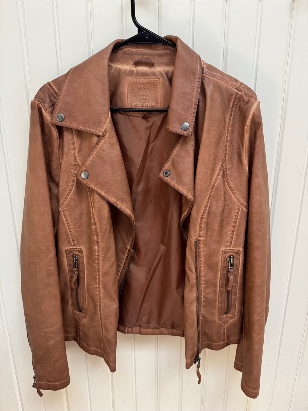 Max Studio Cognac Brown Leather Moto Jacket